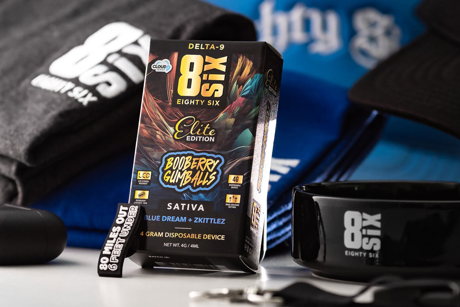 booberry gumballs delta-9 vape displayed with eighty six merch