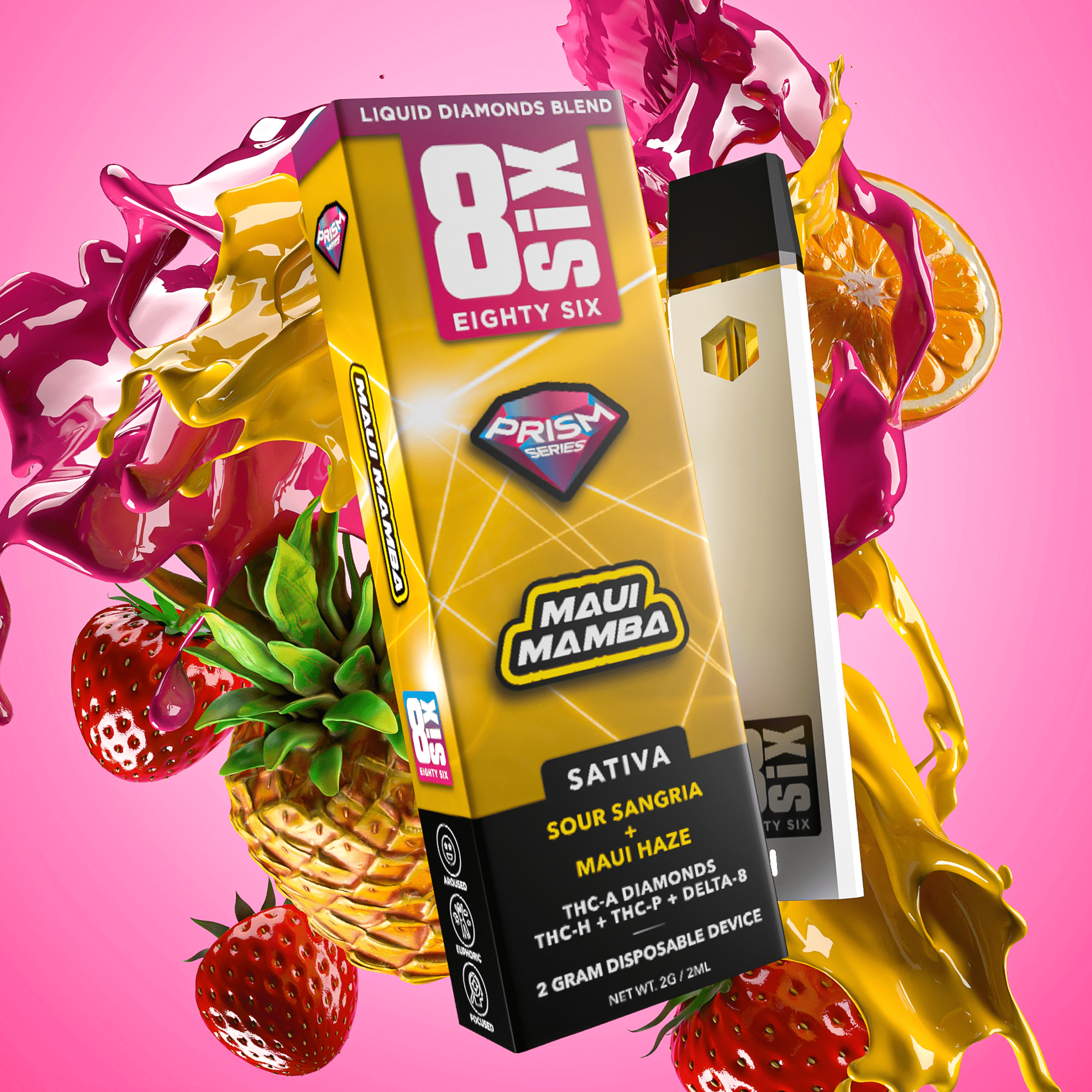 Maui Mamba THCa 2G Disposable displayed with pineapples and strawberries on a red background.