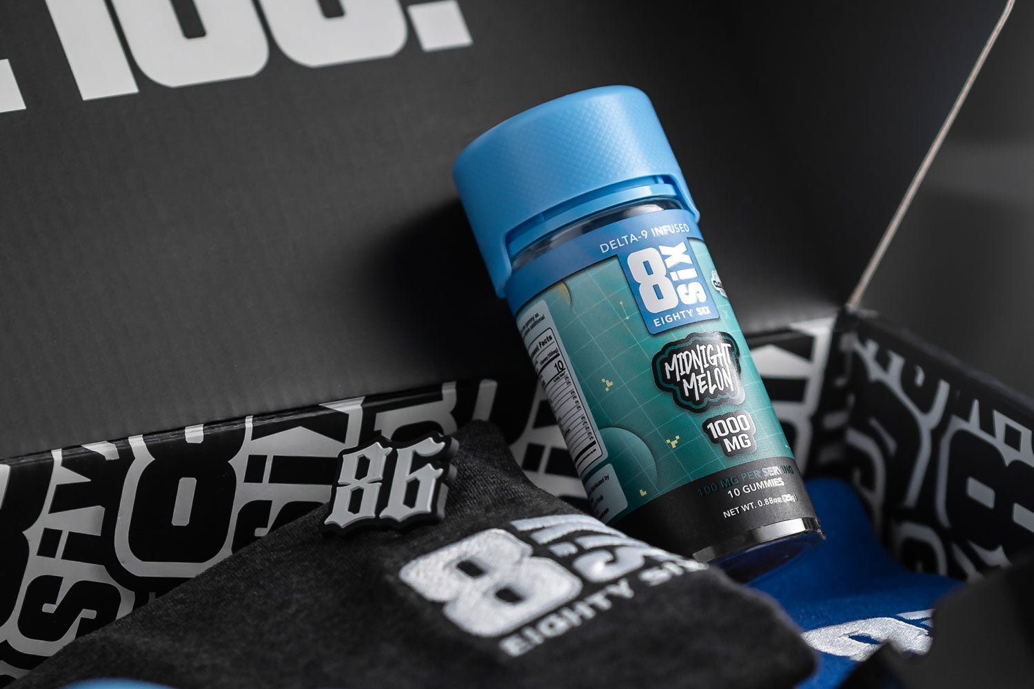 midnight melon delta 9 gummies in the 8six promo box