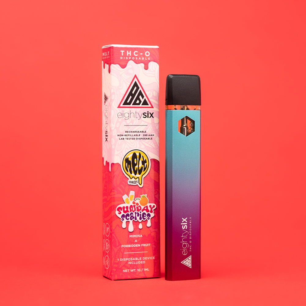 16 Sunday Scaries THC-O Disposable with its respective box on a red background.