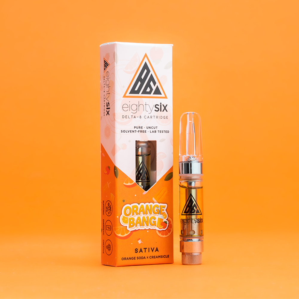 18 Orange Bang Delta-8 THC Vape Cartridge with its respective box on an orange background.