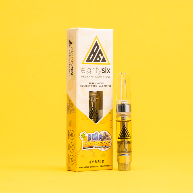 Piña Express Delta-8 THC Vape Cartridge with its respective box on a yellow background.