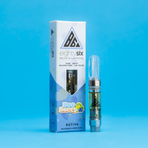 Boo Berry Delta-8 THC Vape Cartridge with its respective box on a blue background.