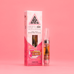 Cereal Killer Delta-8 THC Vape Cartridge with its respective box on a pink background.