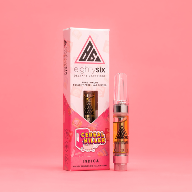 Cereal Killer Delta-8 THC Vape Cartridge with its respective box on a pink background.