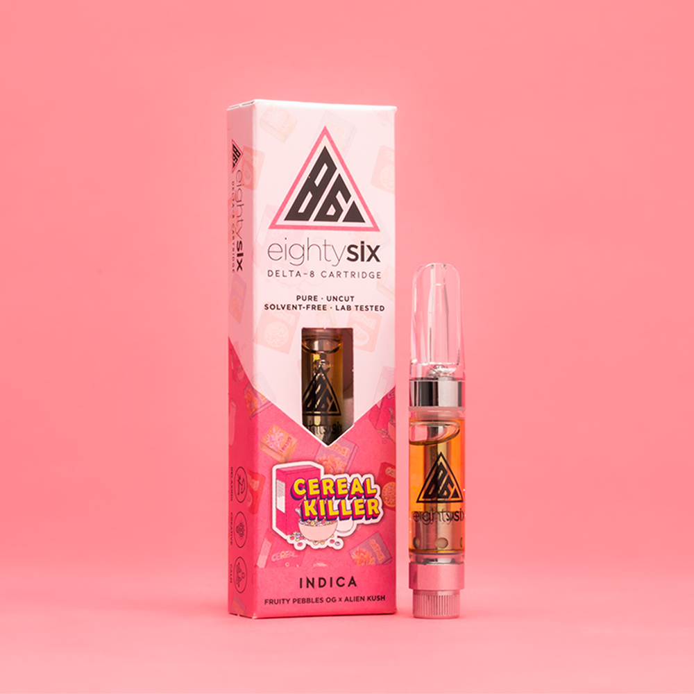 24 Cereal Killer Delta-8 THC Vape Cartridge with its respective box on a pink background.
