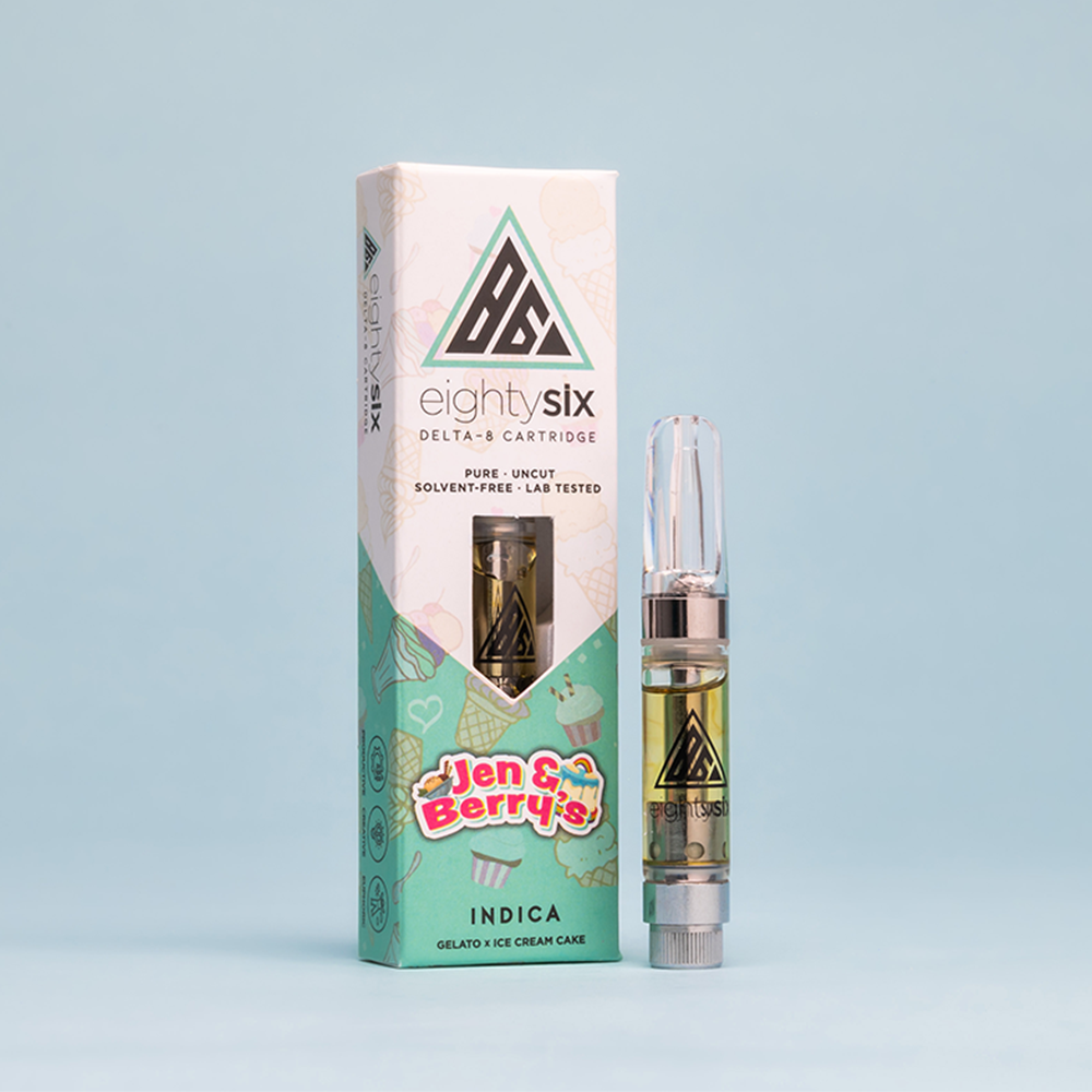 25 Jen & Berry's Delta-8 THC Vape Cartridge with its respective box on a light blue background.