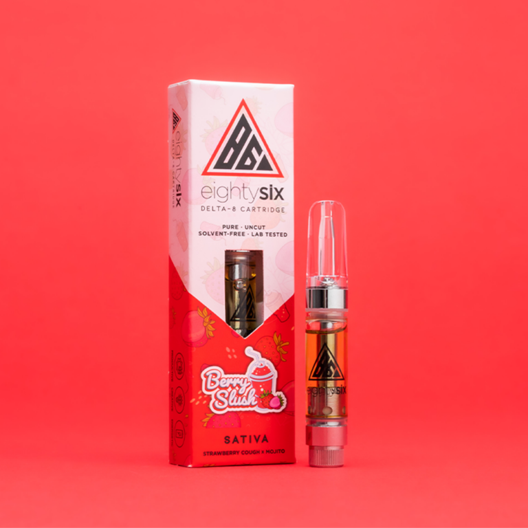 Berry Slush Delta-8 THC Vape Cartridge with its respective box on a red background.