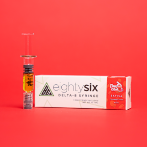 Berry Slush Delta-8 THC Syringe with its respective box on a red background.