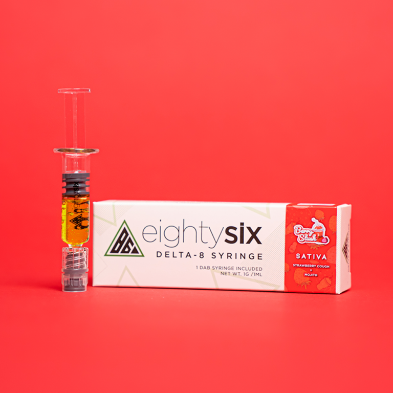 Berry Slush Delta-8 THC Syringe with its respective box on a red background.