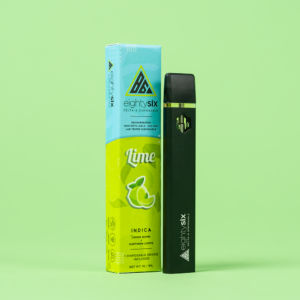 Lime Delta-8 THC Disposable with its respective box on a green background.