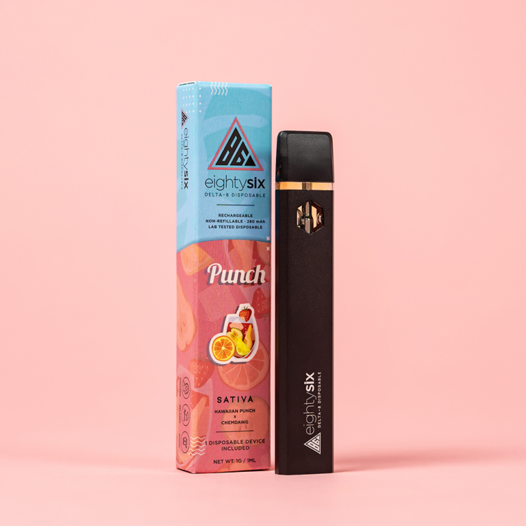 Punch Delta-8 THC Disposable with its respective box on a pink background.