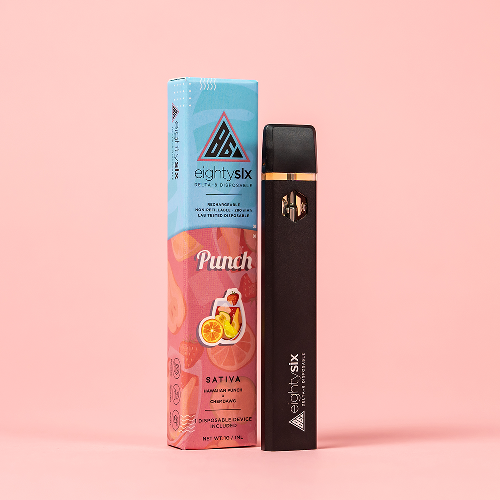 34 Punch Delta-8 THC Disposable with its respective box on a pink background.