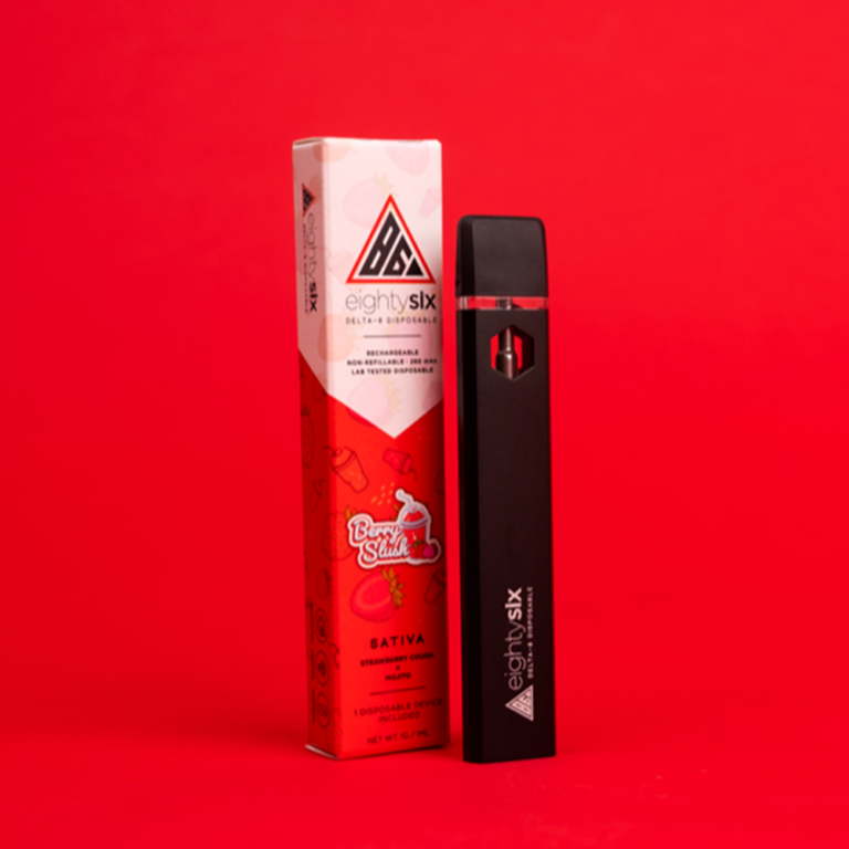 Berry Slush Delta-8 THC Disposable with its respective box on a red background.